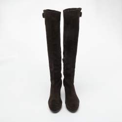 Pre Owned Prada Brown Suede Buckle Knee Length Boots Size 38