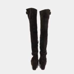 Pre Owned Prada Brown Suede Buckle Knee Length Boots Size 38