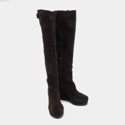 Pre Owned Prada Brown Suede Buckle Knee Length Boots Size 38