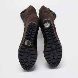 Pre Owned Prada Brown Suede Buckle Knee Length Boots Size 38