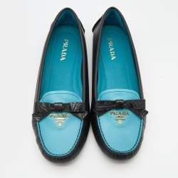 Prada Black/Blue Leather Bow Logo Embellished Loafers Size 38
