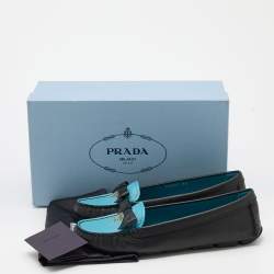 Prada Black/Blue Leather Bow Logo Embellished Loafers Size 38