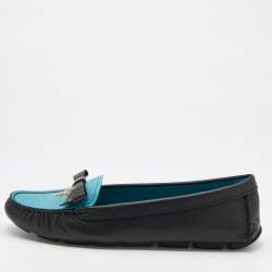 Prada Black/Blue Leather Bow Logo Embellished Loafers Size 38
