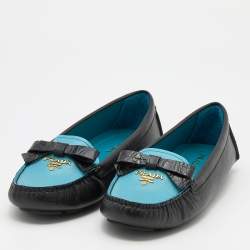 Prada Black/Blue Leather Bow Logo Embellished Loafers Size 38