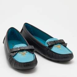 Prada Black/Blue Leather Bow Logo Embellished Loafers Size 38