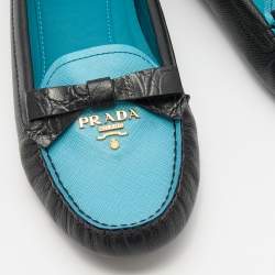 Prada Black/Blue Leather Bow Logo Embellished Loafers Size 38