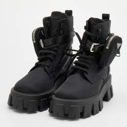 Prada Black Nylon Monolith Ankle Boots Size 38
