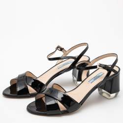 Pre Owned Prada Black Patent Leather Criss Cross Ankle Strap Block Heel Sandals Size 39.5 