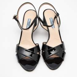 Pre Owned Prada Black Patent Leather Criss Cross Ankle Strap Block Heel Sandals Size 39.5 