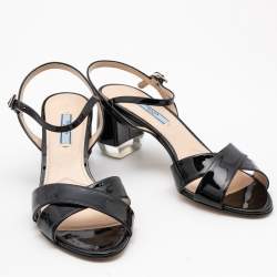 Pre Owned Prada Black Patent Leather Criss Cross Ankle Strap Block Heel Sandals Size 39.5 