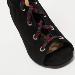 Pre Owned Prada Black Suede Open Toe Lace Up Cut Out Wedge Booties Size 40