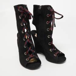 Pre Owned Prada Black Suede Open Toe Lace Up Cut Out Wedge Booties Size 40