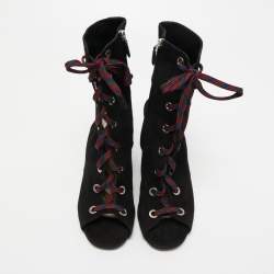 Pre Owned Prada Black Suede Open Toe Lace Up Cut Out Wedge Booties Size 40