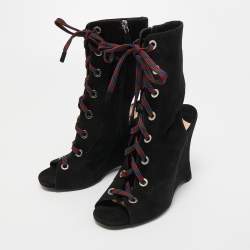 Pre Owned Prada Black Suede Open Toe Lace Up Cut Out Wedge Booties Size 40