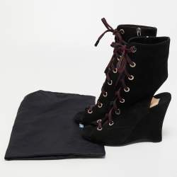 Pre Owned Prada Black Suede Open Toe Lace Up Cut Out Wedge Booties Size 40
