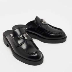 Prada Black Leather Logo Loafer Mules Size 36