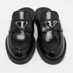 Prada Black Leather Logo Loafer Mules Size 36