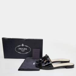 Prada Black Patent Leather Logo Bow Detail Flat Slides Size 36.5