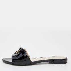 Prada Black Patent Leather Logo Bow Detail Flat Slides Size 36.5