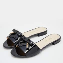 Prada Black Patent Leather Logo Bow Detail Flat Slides Size 36.5