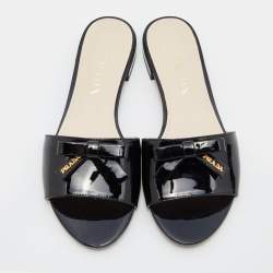 Prada Black Patent Leather Logo Bow Detail Flat Slides Size 36.5