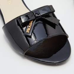 Prada Black Patent Leather Logo Bow Detail Flat Slides Size 36.5