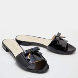 Prada Black Patent Leather Logo Bow Detail Flat Slides Size 36.5