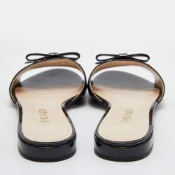 Prada Black Patent Leather Logo Bow Detail Flat Slides Size 36.5