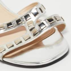 Prada Silver Leather Studded Flat Slides Size 41   