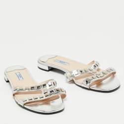 Prada Silver Leather Studded Flat Slides Size 41   