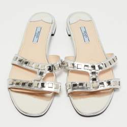 Prada Silver Leather Studded Flat Slides Size 41   