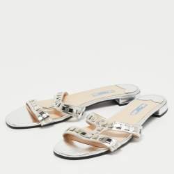 Prada Silver Leather Studded Flat Slides Size 41   