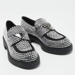 مملوكة مسبقًا Prada Black Satin Crystal Embellished Loafers Size 38