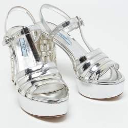 Pre Owned Prada Silver Leather Crystal Embellished Ankle Strap Sandals Size 38