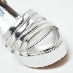 Pre Owned Prada Silver Leather Crystal Embellished Ankle Strap Sandals Size 38