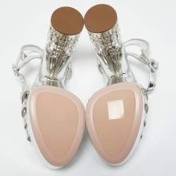 Pre Owned Prada Silver Leather Crystal Embellished Ankle Strap Sandals Size 38