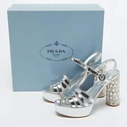 Pre Owned Prada Silver Leather Crystal Embellished Ankle Strap Sandals Size 38