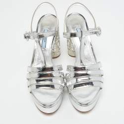 Pre Owned Prada Silver Leather Crystal Embellished Ankle Strap Sandals Size 38