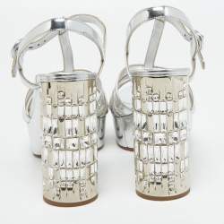 Pre Owned Prada Silver Leather Crystal Embellished Ankle Strap Sandals Size 38