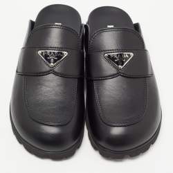 Prada Black Leather Sabots Flat Mules Size 36.5
