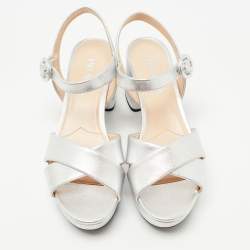 Prada Silver Leather Platform Ankle Strap Sandals Size 38.5