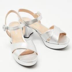 Prada Silver Leather Platform Ankle Strap Sandals Size 38.5