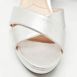 Prada Silver Leather Platform Ankle Strap Sandals Size 38.5