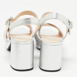 Prada Silver Leather Platform Ankle Strap Sandals Size 38.5