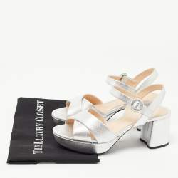Prada Silver Leather Platform Ankle Strap Sandals Size 38.5