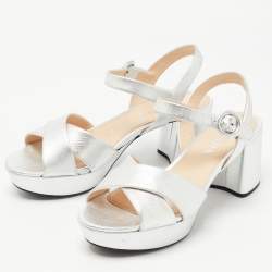 Prada Silver Leather Platform Ankle Strap Sandals Size 38.5