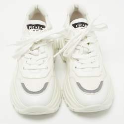 Pre Owned Prada White Mesh and Leather Lace Up Sneakers Size 39