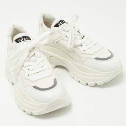 Pre Owned Prada White Mesh and Leather Lace Up Sneakers Size 39