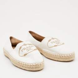 Prada Off White Canvas Embroidered Logo Espadrille Flats Size 39