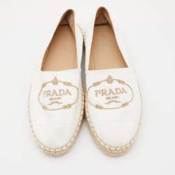 Prada Off White Canvas Embroidered Logo Espadrille Flats Size 39
